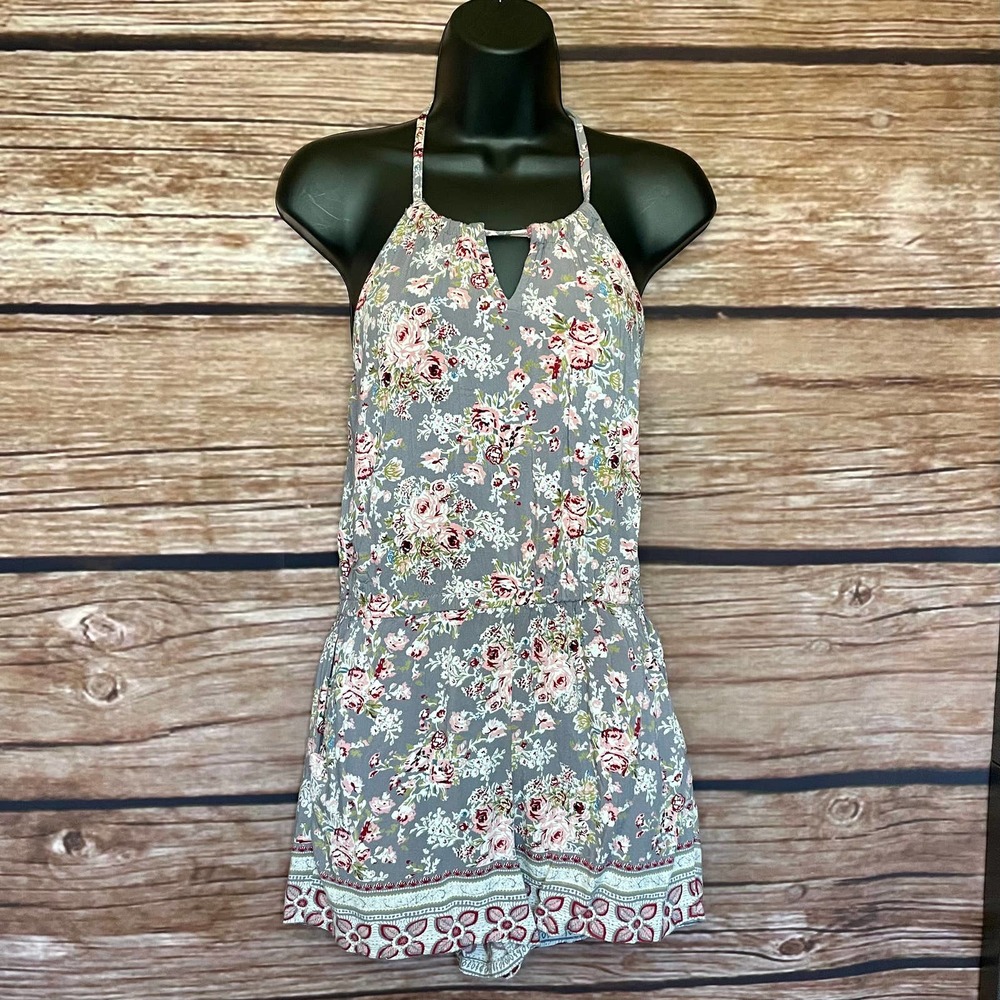 Romper Halter Top S Angie Gray Grey Floral Pockets Shirred Back Light Weight - Picture 1 of 8